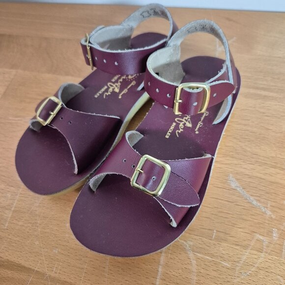 Salt Water Surfer Eggplant Purple Sandal Leather Insoles Double Strap Adjustable - Picture 1 of 4